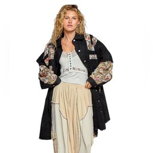 POL Black Patchwork Button-up Denim Shacket